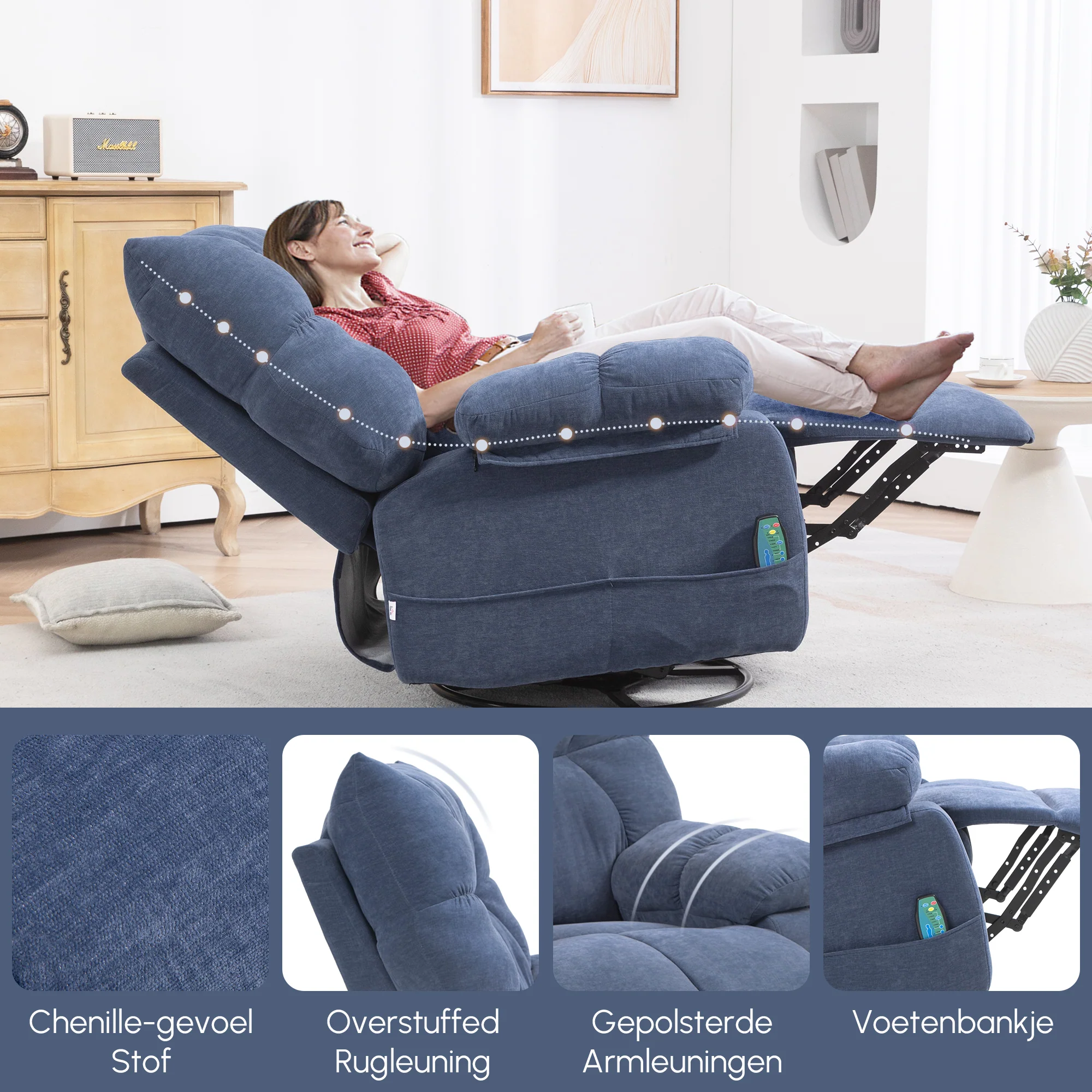 HOMCOM Massagestoel met Warmte- & Ligfunctie, Draaibaar, tot 150 kg, Metalen Frame, 98x90x98cm, Blauw