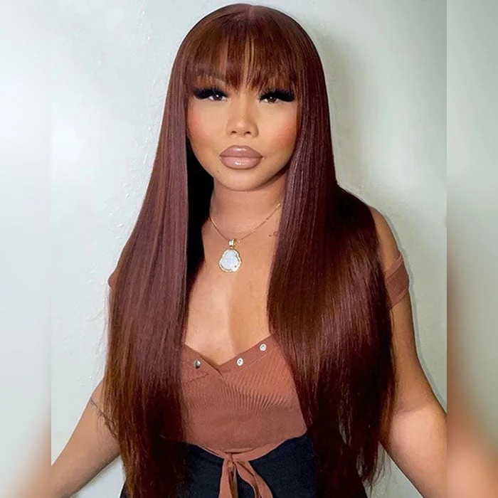 Reddish Brown Straight 2x4 Lace Front Wig With Bangs Machine Made Human Hair Wig Easy to Go