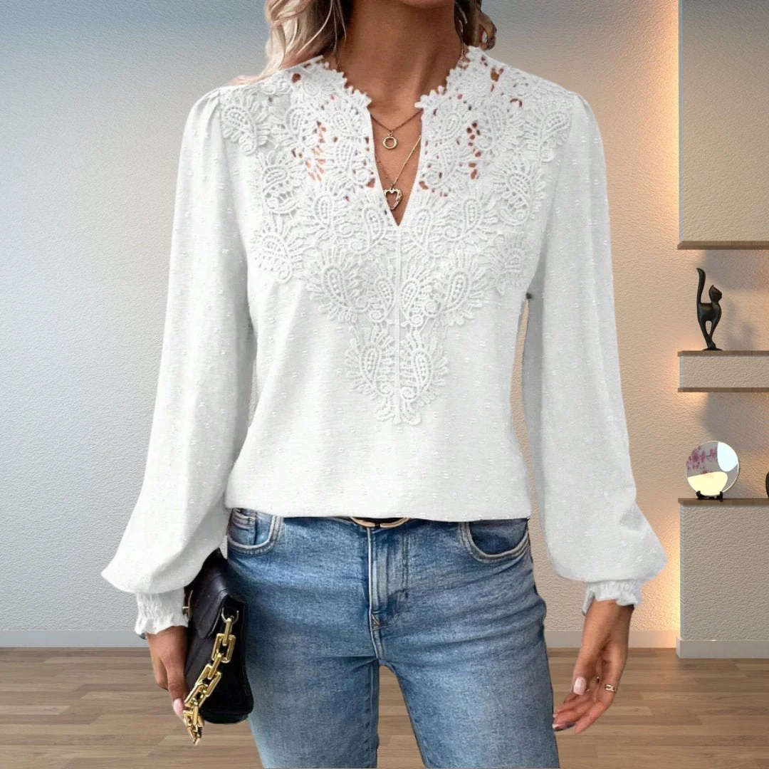Women��s Lace-Bodice V-Neck Blouse with Smocked Cuffs and Long Sleeves