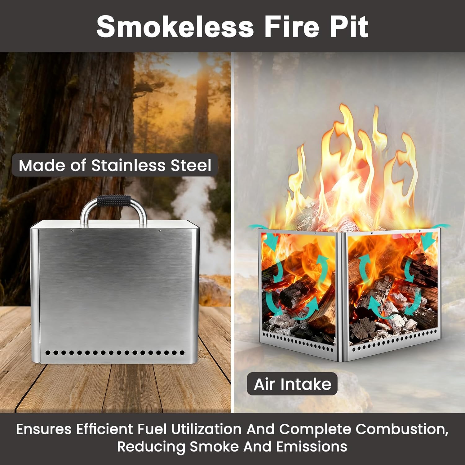 Uniflasy Smokeless Fire Pit and Fire Pit Surround Tabletop, Portable Protective Barrier Equal Width, Safety & Extra Space, 48