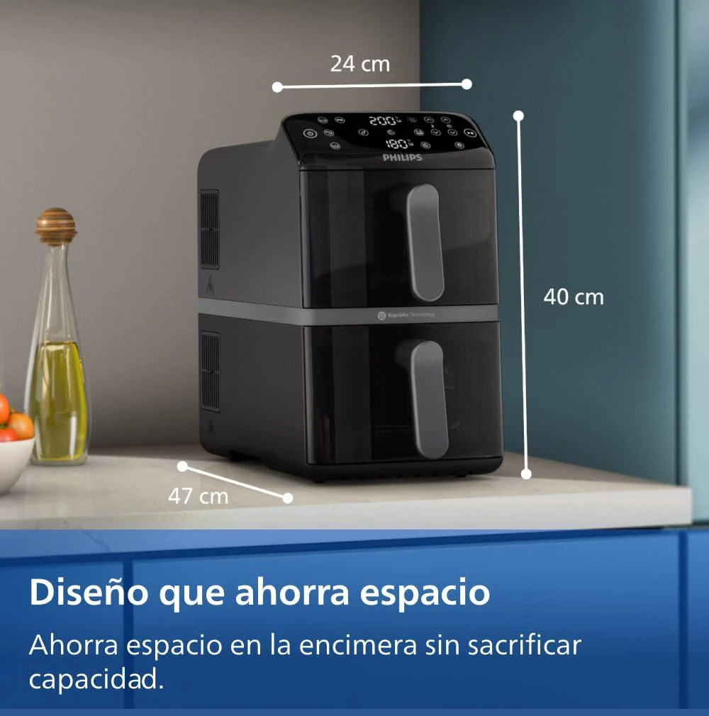 Philips Airfryer Series 4000 Double Vertical Basket 10L – RapidAir Technology, Sync, 2 Baskets at Once, 45% Less Space, PFAS Free Ceramic Coating, Viewing Windows (NA460/00)