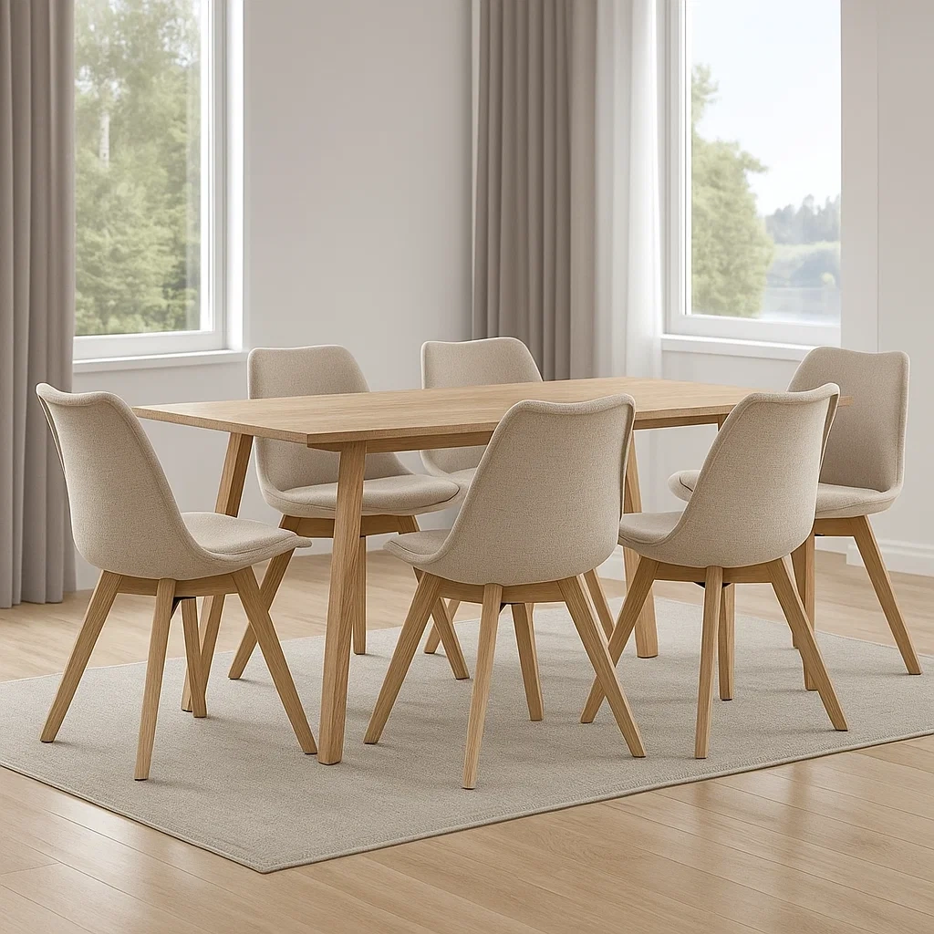 Spisest til 6 personer, lavet af tr og stof, beige, rektangulrt, let at samle, bordml 180x90x75 cm, stoleml 45x45x85 cm, til brug i spisestuen - Kr7sIeMDmWhe