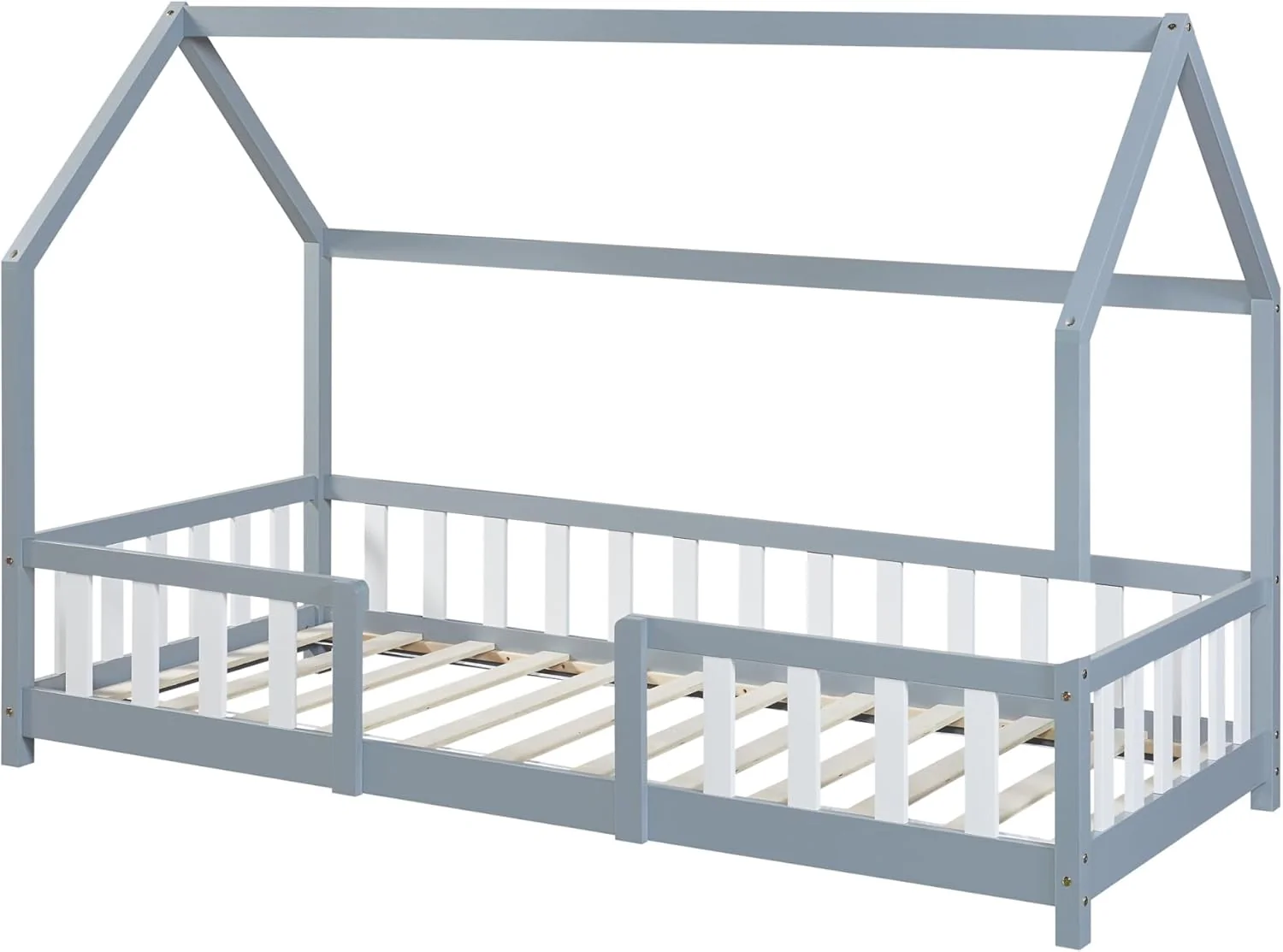 [en.casa] Letto per bambini Sisimiut a capanna 80 x 160 cm con protezione anticaduta letto in legno per bambini letto a terra rete a doghe in legno di pino Bianco opaco