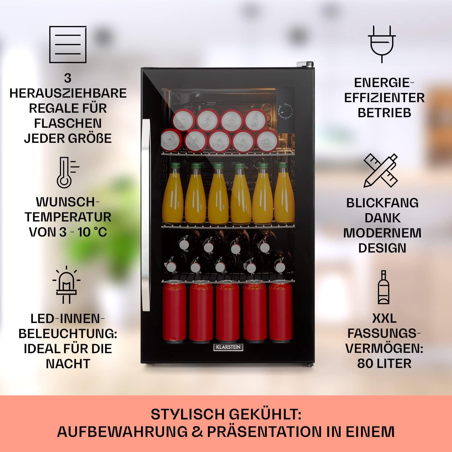 Klarstein Mini Koelkast met Glazen Deur voor Kamer, Drankenkoelkast met Verstelbare Planken, Klein 80 Liter, Indoor/Outdoor Koelkast Stil