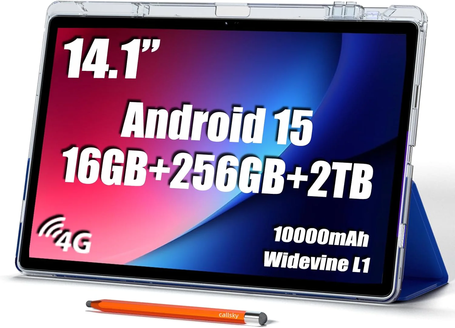 14 hüvelykes nagyméretű tablet, Android 15 tablet 16GB RAM 256GB ROM, 1920 * 1200 IPS FHD kijelző, Widevine L1, 10000mAh 18W töltés, Wi-Fi és Bluetooth, 4G LTE, állványtokkal és stylusszal