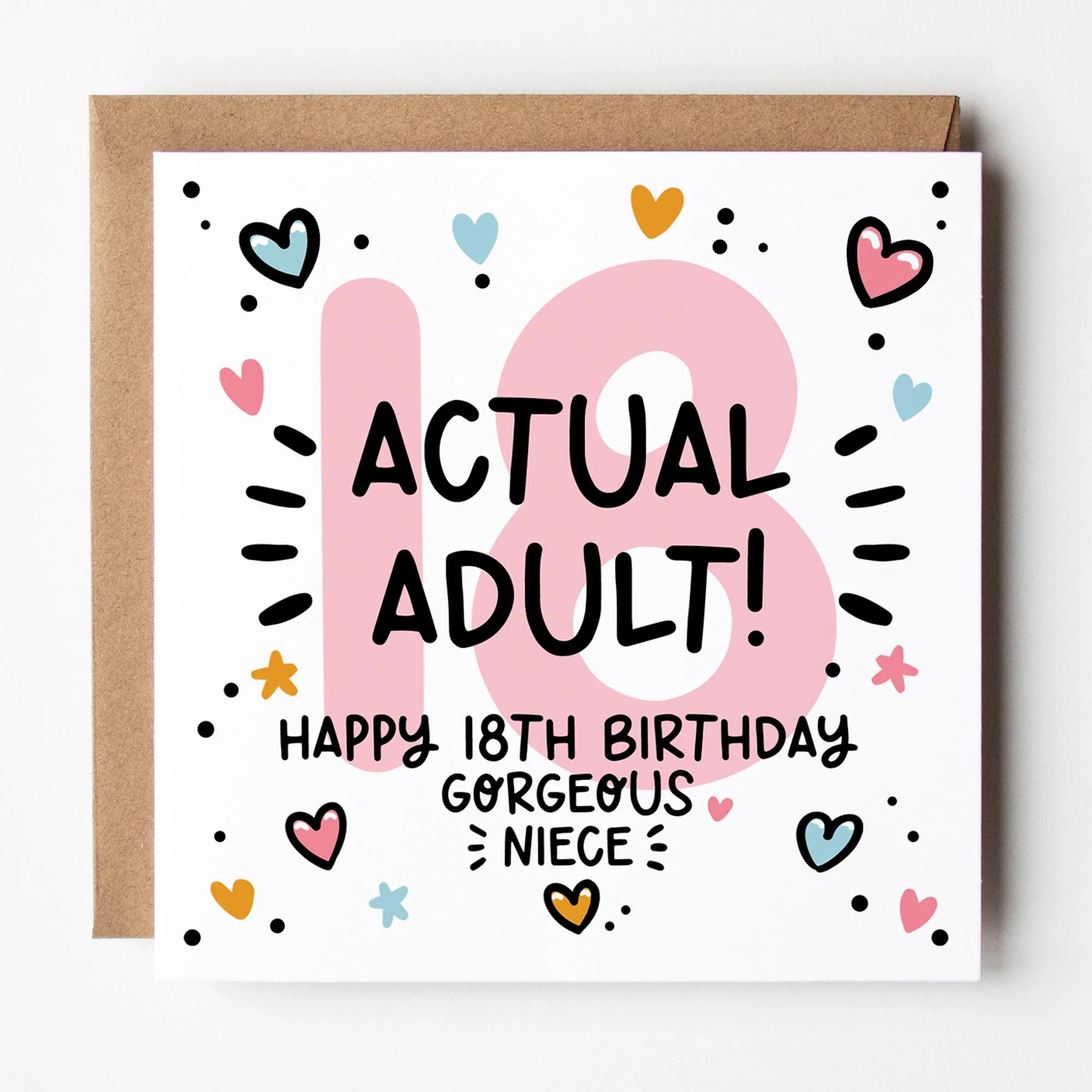 Niece 18th Birthday Card; funny, actual adult, with Kraft Envelope