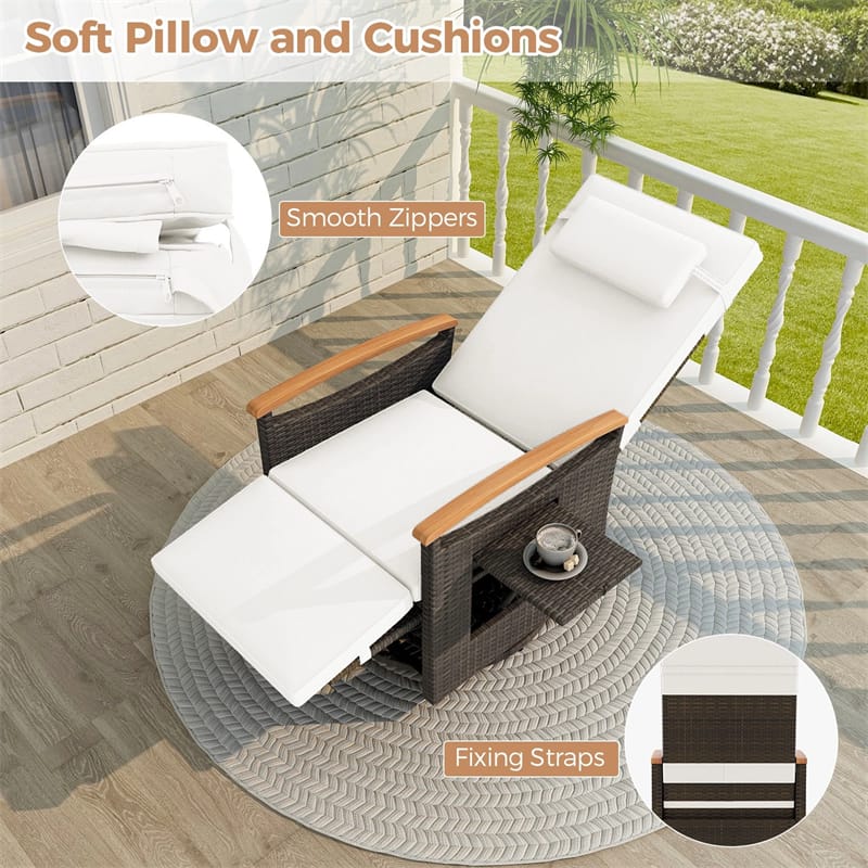Outdoor Rattan 360° Swivel Recliner Chair, Patio Wicker Chaise Lounge Chair with Adjustable Backrest & Footrest, Flip Side Table & Cushions
