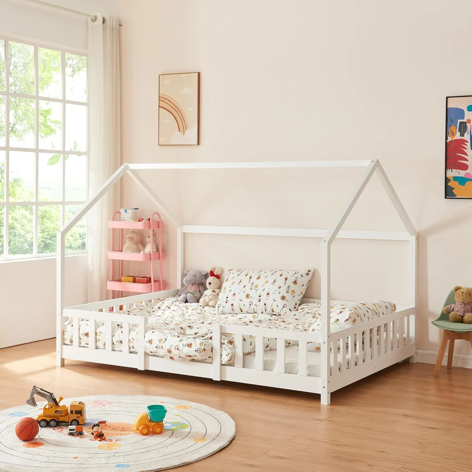 [en.casa] Letto per bambini Sisimiut a capanna 80 x 160 cm con protezione anticaduta letto in legno per bambini letto a terra rete a doghe in legno di pino Bianco opaco