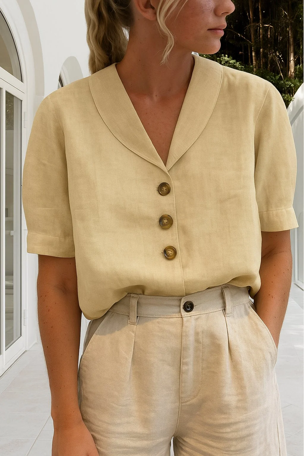 Women��s Relaxed-Fit Button-Front Blouse Short-Sleeve Summer Style