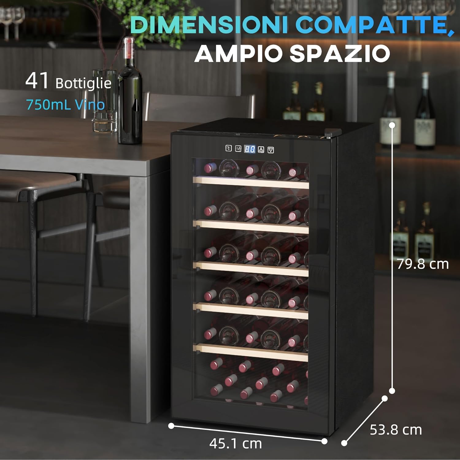 HOMCOM Cantinetta Vino Refrigerata 41 Bottiglie 91L Cantina Vino Silenziosa Temperatura Regolabile 5-20℃ Frigo Vino Bar con Vetro Anti UV, Ripiani, Compressore, Display Touch, Luci LED, Classe G, Nera