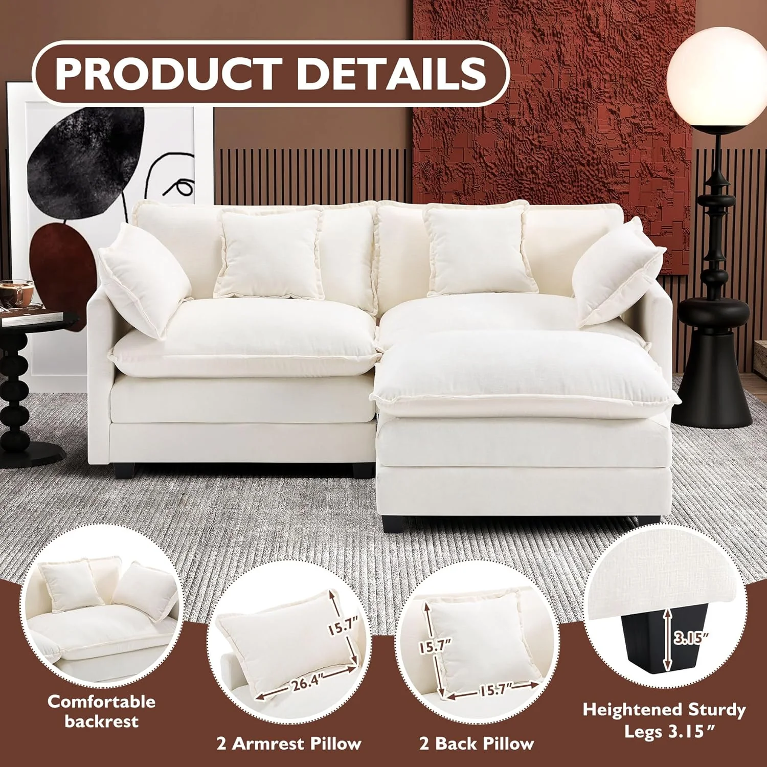 111.4 Inch L-Shaped Modern Sofa Modular Cloud Sofa Ottoman 4-Seater Chenille Deep Seat Sofa