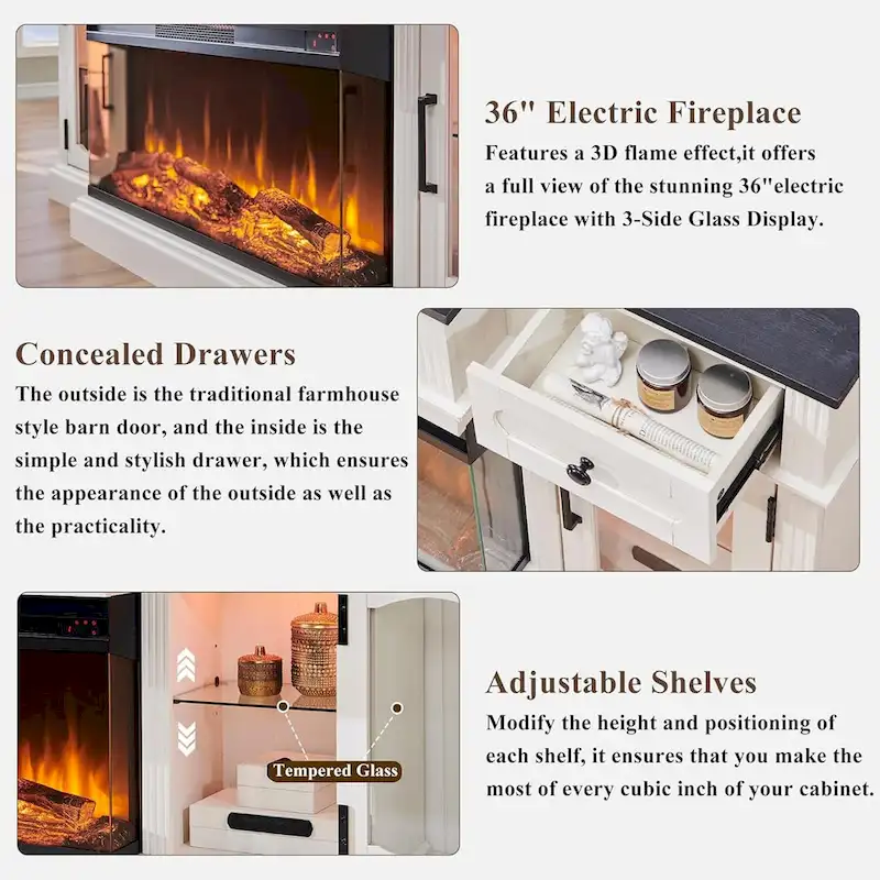 Farmhouse Electric Fireplace TV Stands up to 80, Entertainment Center