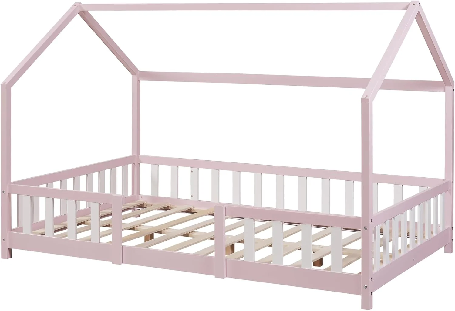 [en.casa] Letto per bambini Sisimiut a capanna 80 x 160 cm con protezione anticaduta letto in legno per bambini letto a terra rete a doghe in legno di pino Bianco opaco