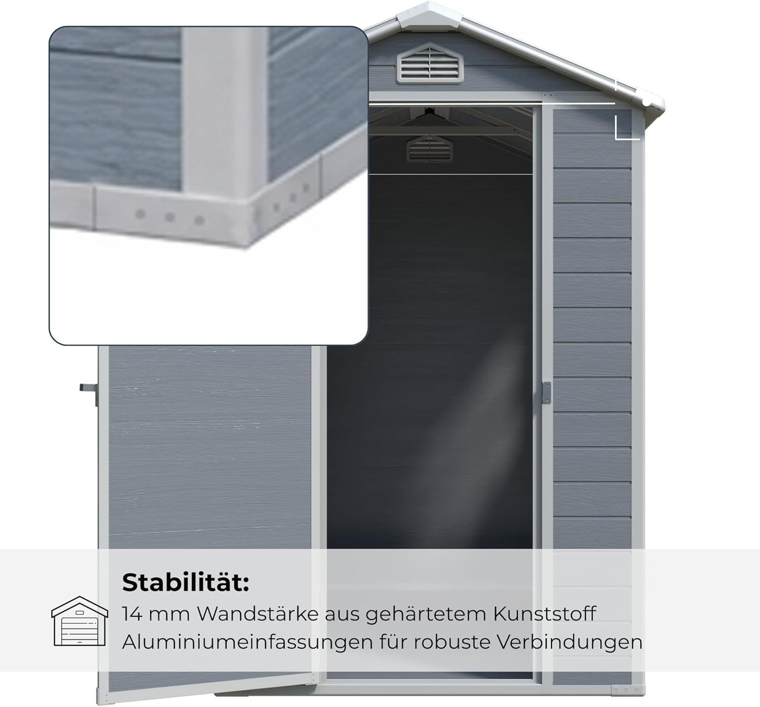 Gartenhaus Lönneberga 2,5m² Kunststoff | Polypropylen (PP) Geräteschuppen witterungsbeständig 124 x 191 x 167/199 cm (B x T x H) grau