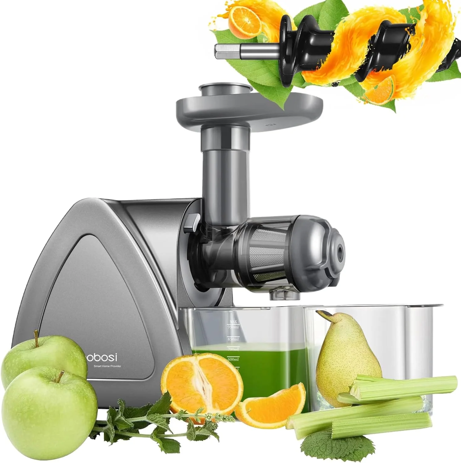 【Novità】 AOBOSI Spremiagrumi Estrattore di Succo a Freddo con 2 Velocità - Estrattore Frutta e Verdura con Coclea a 8 Stadi - Spremiagrumi con Spazzola per la Pulizia e 2 Bicchieri - Spremiagrumi con Funzione di Retromarcia