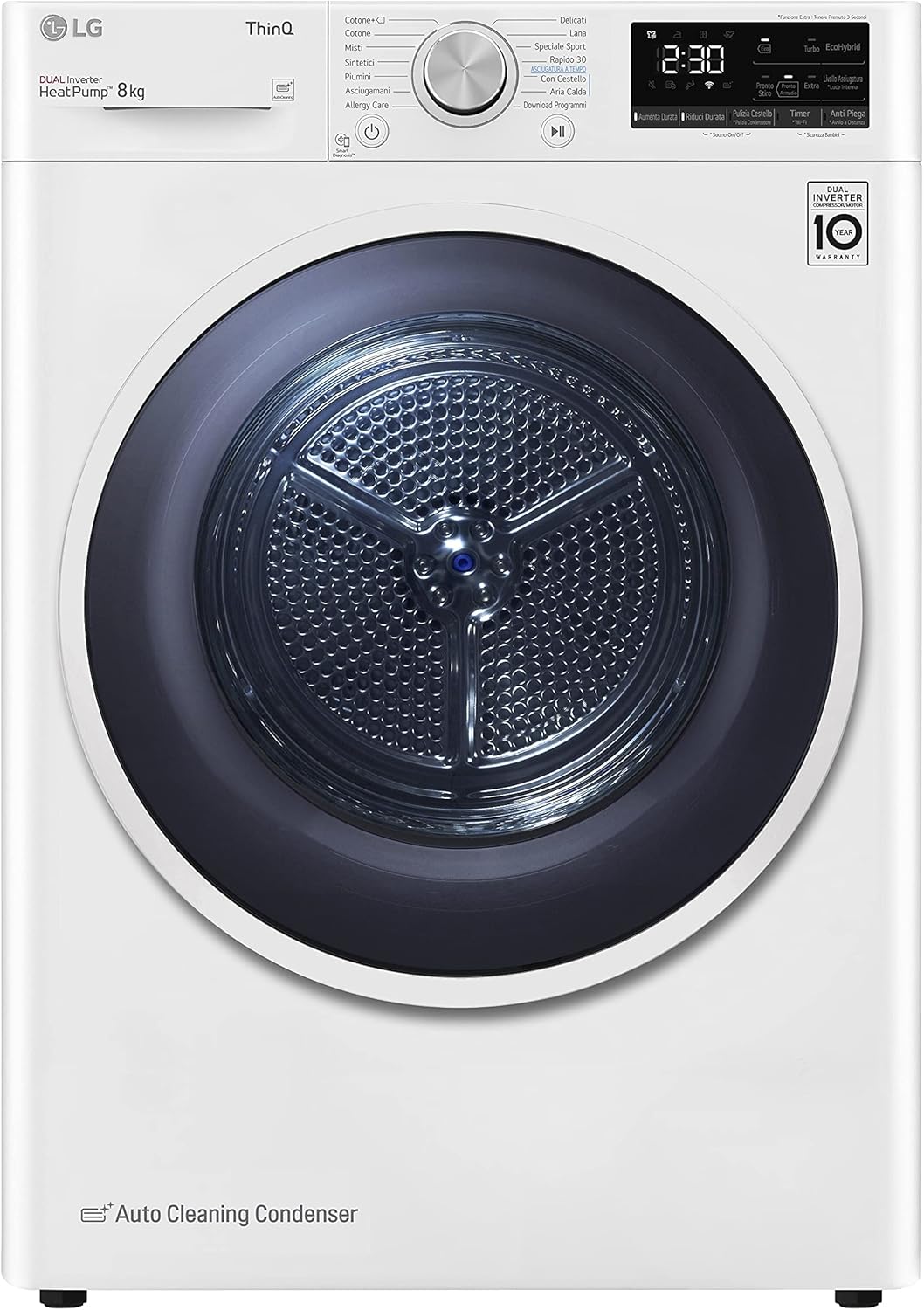 LG RH80V9AVHN Asciugatrice Smart a Carica Frontale 8 Kg, Classe C, Condensazione con Pompa di Calore, Wi-Fi con SmartThinQ, Eco Hybrid, Allergy Care, 60 x 69 x 85 cm - Bianco