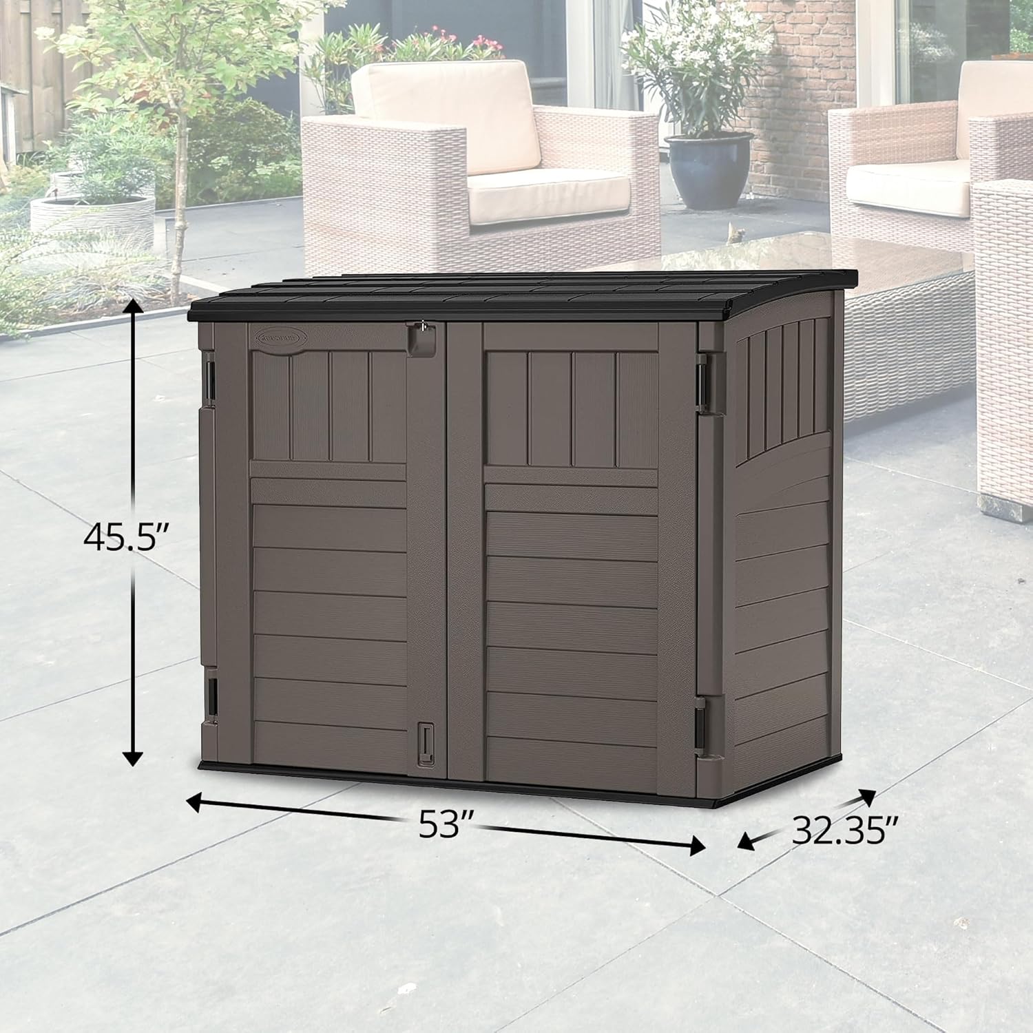 Suncast 34 Cu Ft Horizontal Resin Storage Shed - Outdoor Storage Shed with Floor Included  Lockable  Weatherproof  Fits Small to Medium Trash Cans  Generators  & Garden Tools  Stoney Black