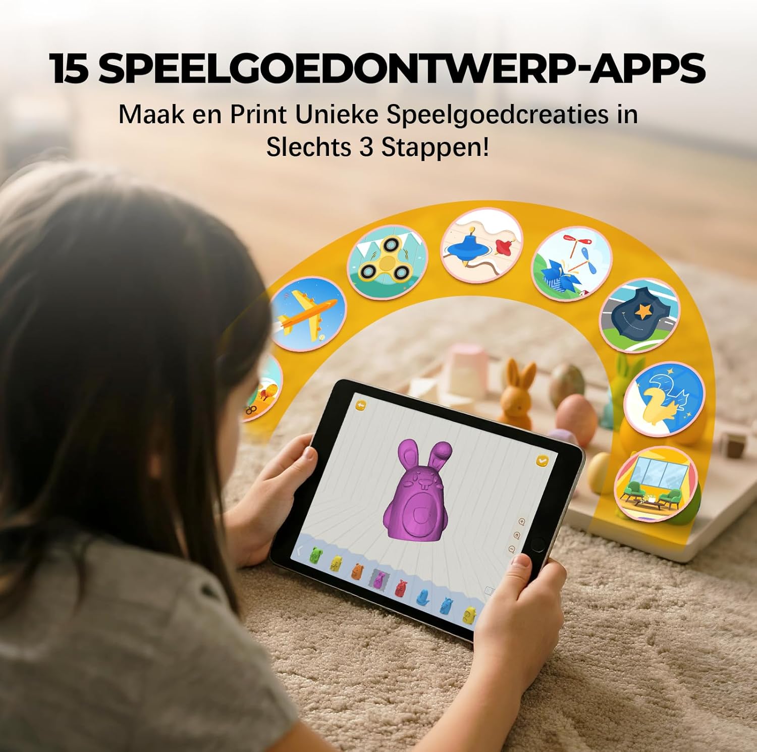 KI-gestützter 3D-Drucker für Kinder, 3D-Drucker mit 8 PLA-Filament-Set, KI Design-App, umfangreiche Sammlung an 3D-Spielzeugvorlagen,mit 16+ Mini-3D-Designmodulen, App-Steuerung