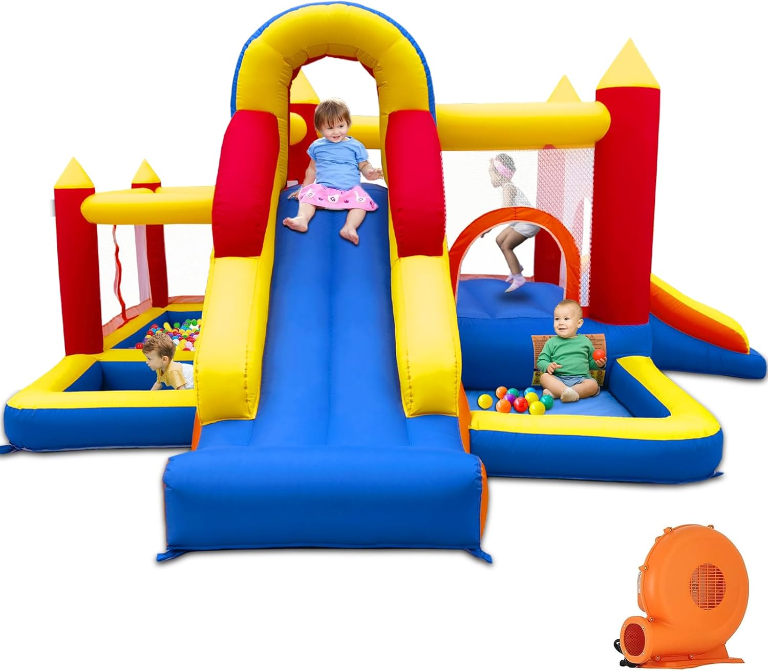 Castello gonfiabile con ventilatore, per interni XXL, paradiso per bambini con scivolo, rete di sicurezza, certificato EN71, per 3-8 anni
