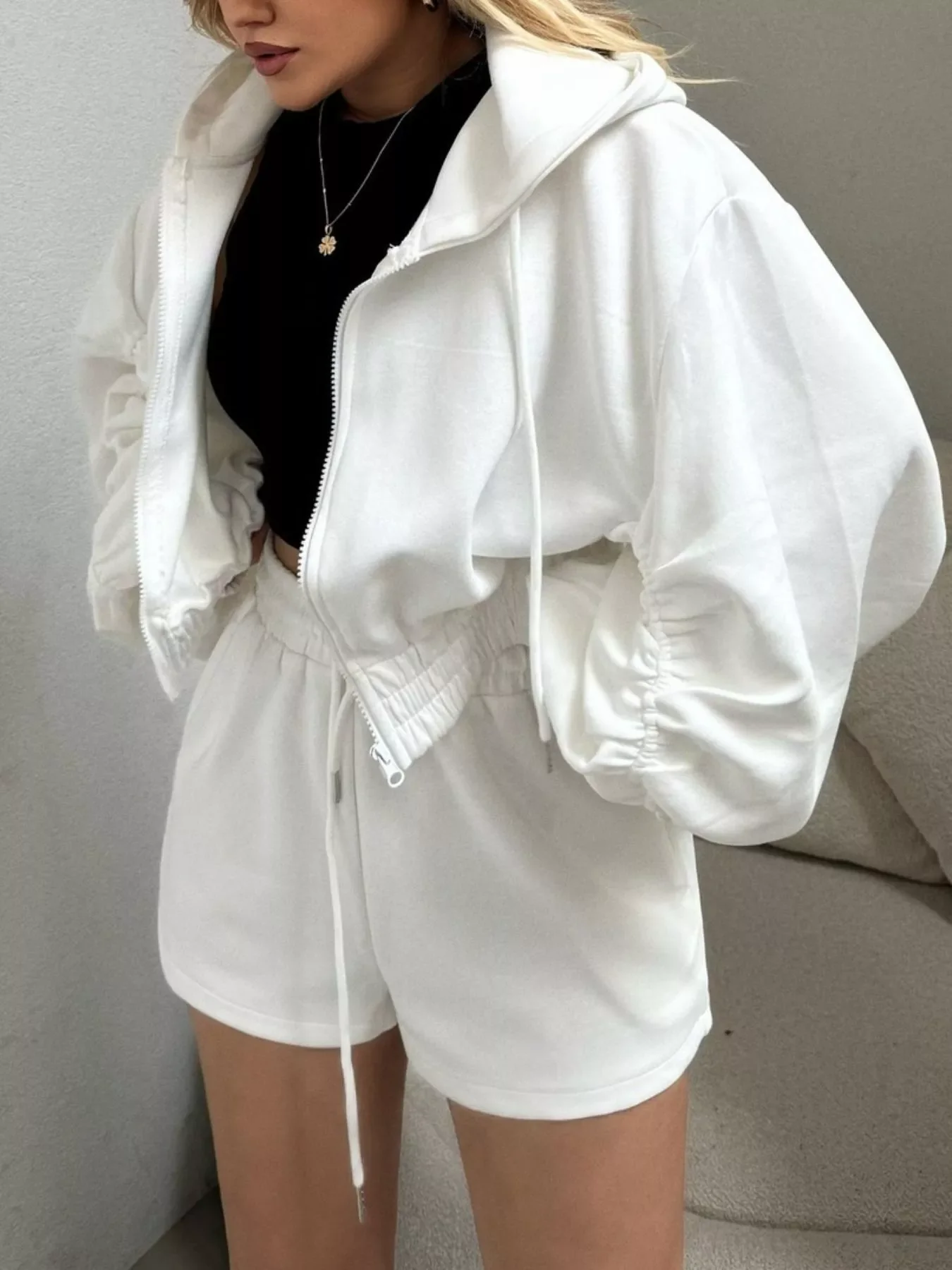 Zip Up Drawstring Outerwear and Shorts Set