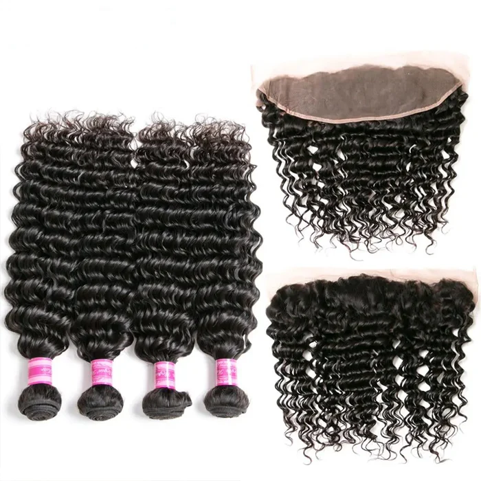 Brazilian Hair 4 Bundles With 13X4 Lace Frontal Deep Wave 10A Grade Natural Color Hair Weaves