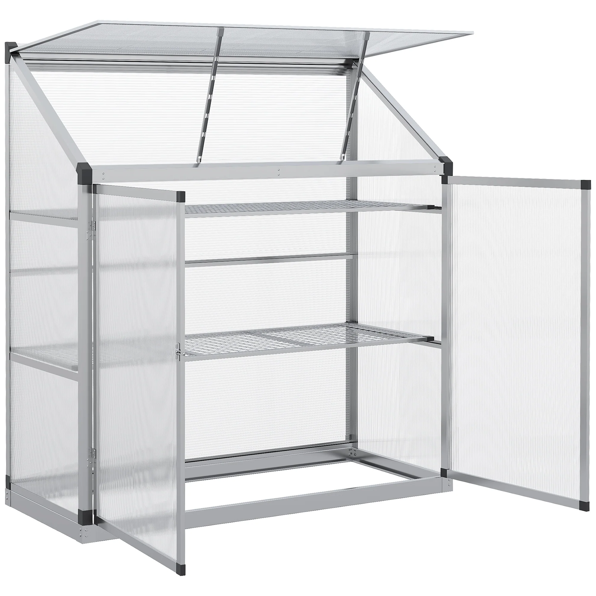 Outsunny serre met funderingsframe, behuizing van polycarbonaat, 2 planken, aluminium frame, 131 x 58 x 139,5 cm