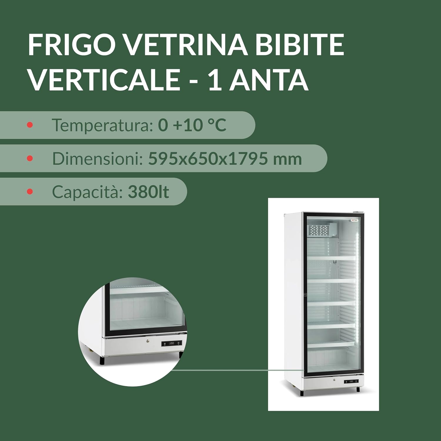 Ristoattrezzature - Frigorifero per Bevande - 1 Anta in Vetro - Vetrina Frigo Verticale per Bibite 59,5x65,5x179,5 cm - Illuminazione Led e Serratura - 0 +10 °C - Bianca - 380 Litri