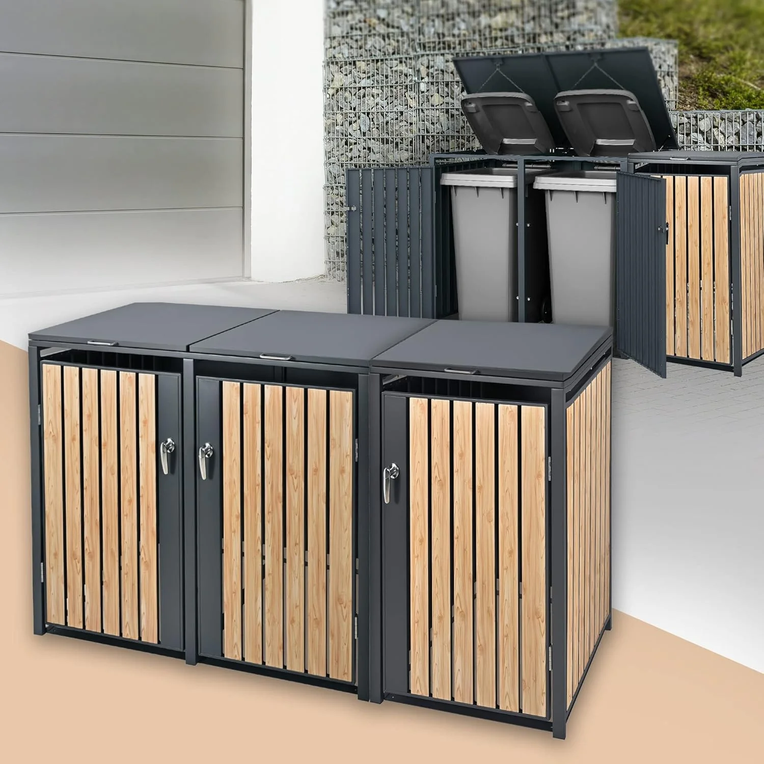 ML-Design szemeteskonténer-tároló 3 darabos 3 x 240 l-es 200x80x116,3 cm antracit-fa megjelenésű, időjárásálló/zárható acél szemeteskonténer-burkolat billenőfedéllel/3 ajtóval, szemeteskonténer-tároló szemeteskonténer-fedéllel