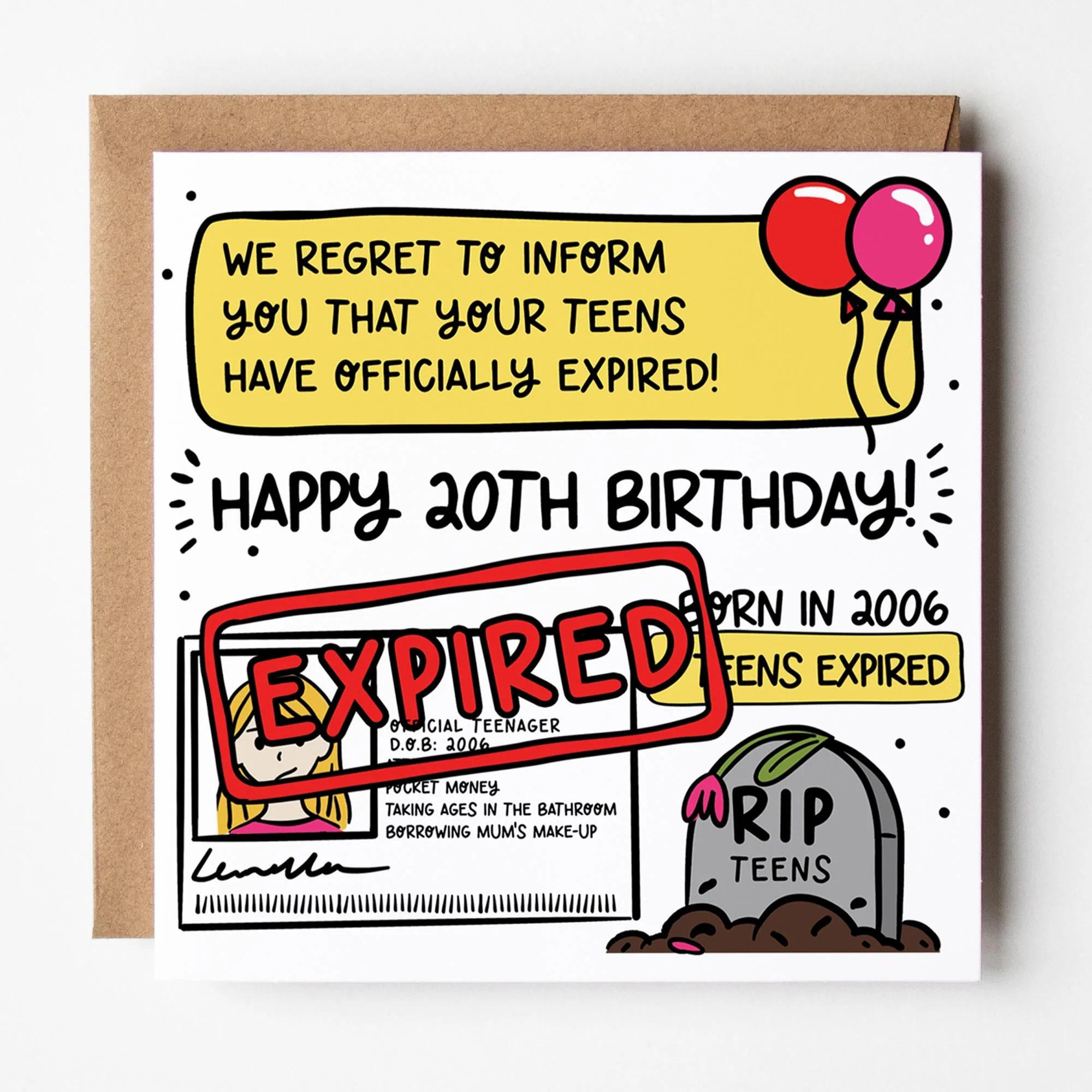 20th Birthday Card for Her: Funny Design, Daughter, Sister, Friend with Kraft envelope
