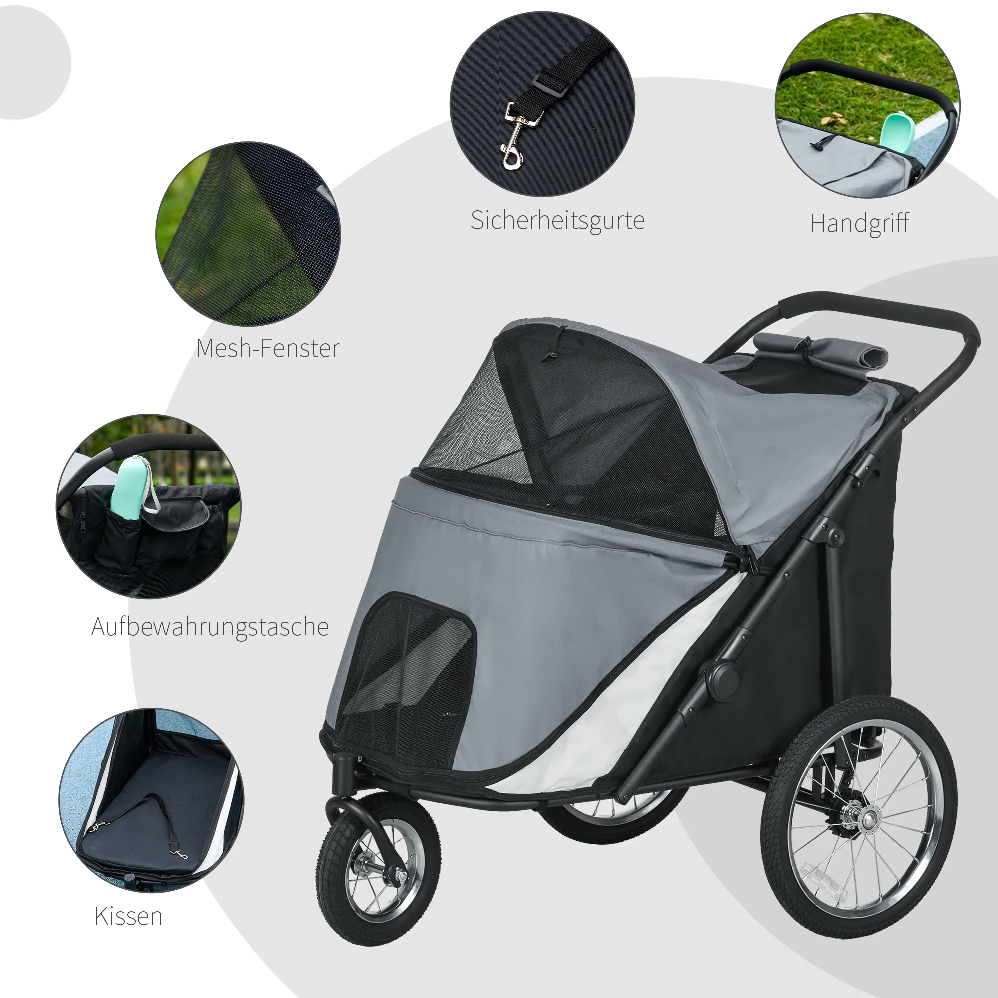 PawHut Hondenbuggy, opvouwbaar, opklapbaar, Ligkussen, Stalen frame, Grijs/Zwart
