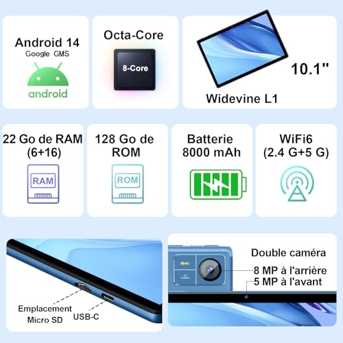 Tablet 2025 Tablet da 10 pollici, Android 14 Octa Core con 22 GB RAM 128 GB ROM (1 TB TF), 5 G 2.4G WiFi, Bluetooth 5.0, 8000mAh, WiFi 6, 8 MP 5 MP, Widevine L1, Tablet Touch con tastiera| Mouse Blu : Informatica