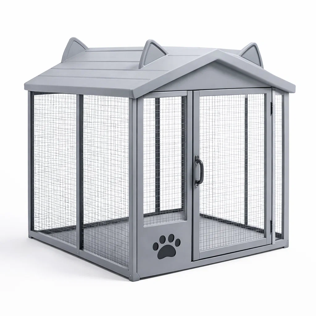 Gabbia per gatti in metallo con tetto a orecchie 100x80x120 cm grigio