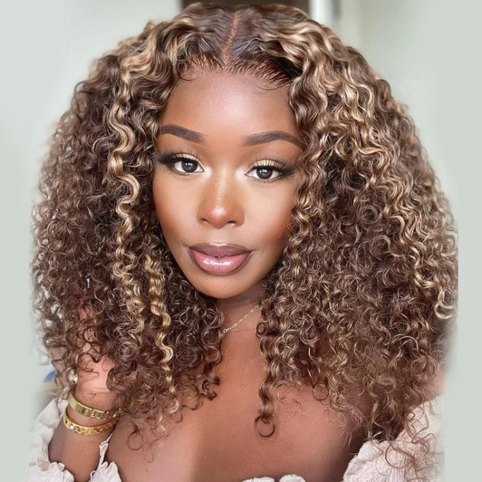 Curly Hair Wig 4/27 Highlight Colored Human Hair Wigs Pre Plucked 13x4 HD Transparent Lace Wigs
