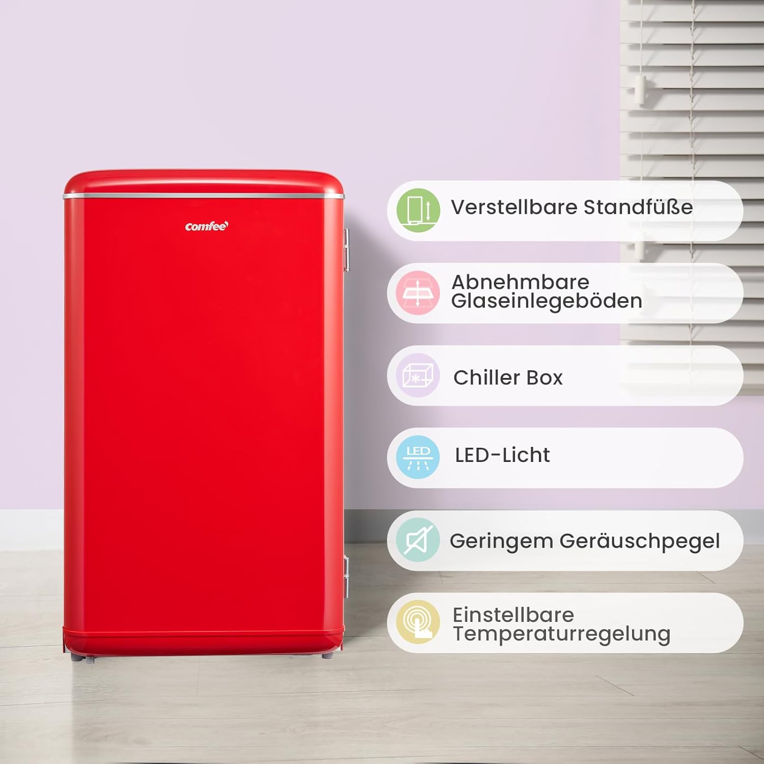Comfee' RCD93RE2EURT(E) Kleiner Kühlschrank 93 L, Retro-Design, Mini-Kühlschrank mit einer Tür, einstellbare Temperatur, leise, geeignet für Zuhause, Büro und Hotel, Rot
