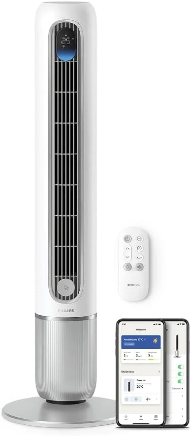 Philips Smarter toronyventilátor, 7000-es sorozat – 8,4 m/s erős légáram, ultra halk 22 dB, energiatakarékos, alkalmazás és távirányító, Wi-Fi, 12 fokozat, alvó üzemmód, hőmérséklet kijelzés, 12 órás időzítő, 80°-os oszcilláció (CX7550/00)