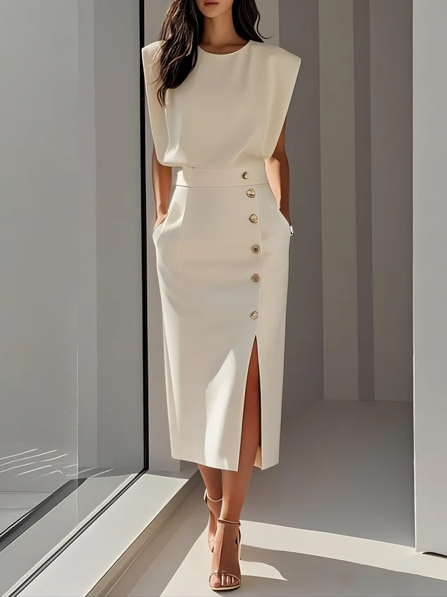 Womena??s Midi Dress Sleeveless Button Front Elegant Style