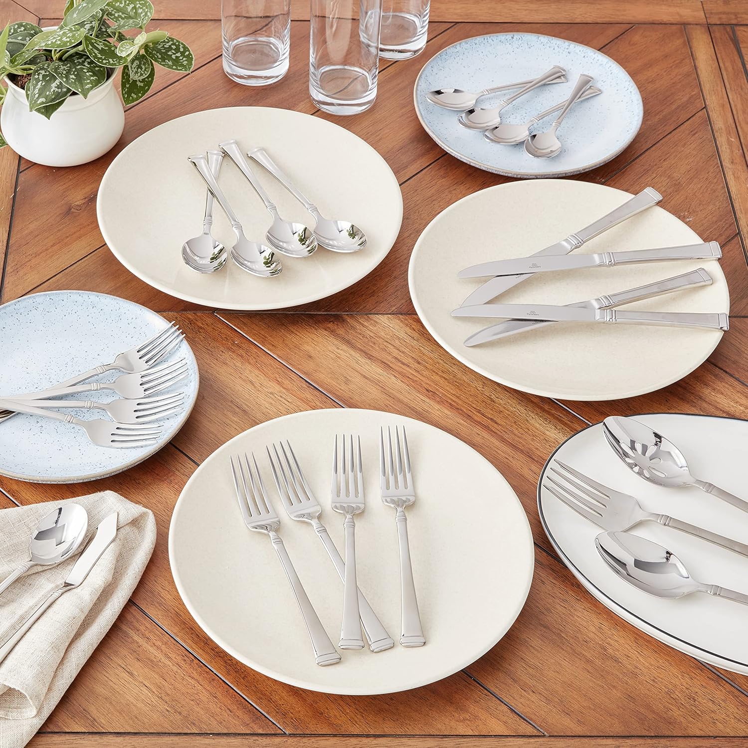 Mikasa Harmony 45-Piece Silverware Set, 18/10 Stainless Steel Cutlery for 8, Includes Forks, Knives, Spoons, and 5-Piece Serving Utensils Set