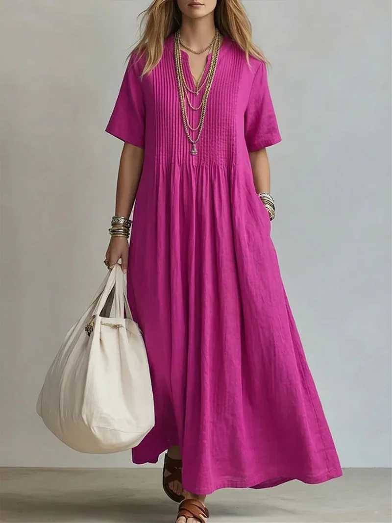 Womena??s Pleated Maxi Dress Soft Linen Fabric with Pockets