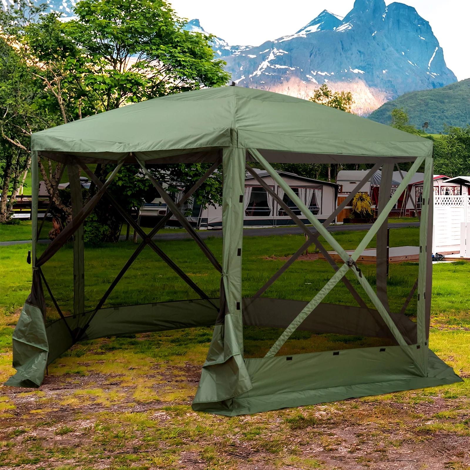 Outsunny 12' x 12' zeshoekige tent met muskietennet, draagbare opvouwbare paviljoen met netwanden, draagtas en schaduwrijke binnenruimte, groen