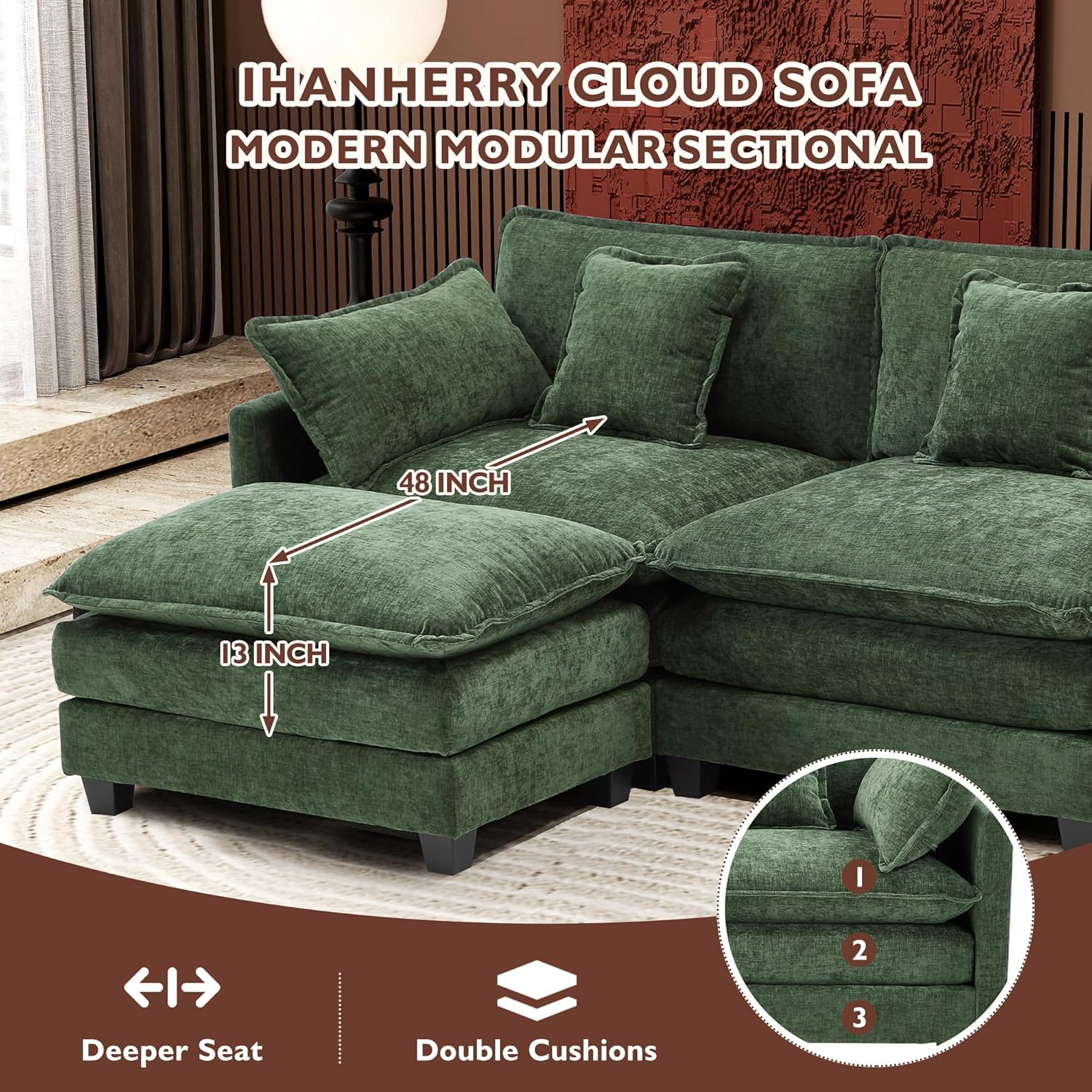 111.4 Inch L-Shaped Modern Sofa Modular Cloud Sofa Ottoman 4-Seater Chenille Deep Seat Sofa