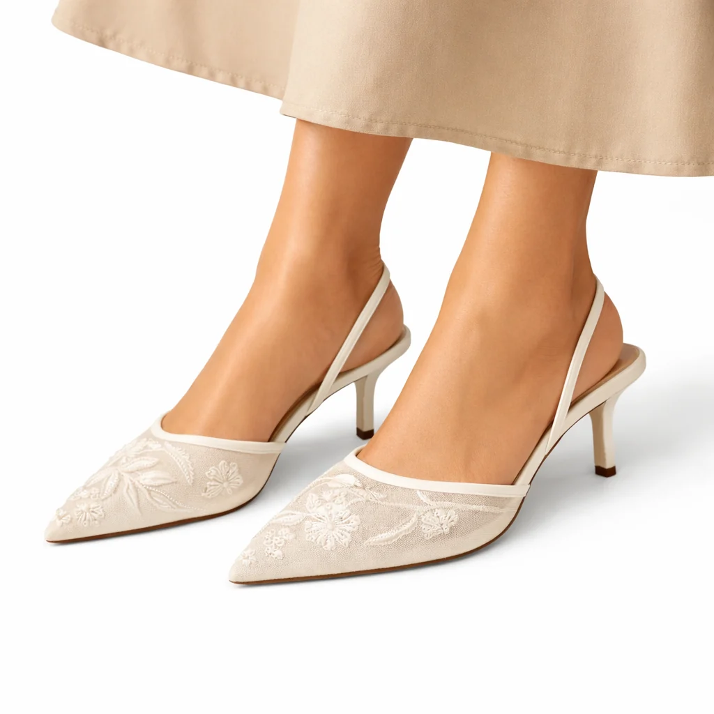 Women��s Embroidered Mesh Mule Heels Floral Design Pointed Toe