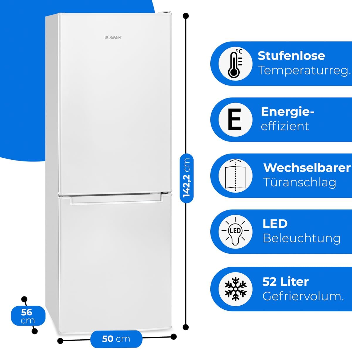 Bomann® Kühlschrank mit Gefrierfach 143cm hoch | Kühl Gefrierkombination 173L mit 3 Ablagen & 3 Schubladen | Türanschlag wechselbar | leise Kühlgefrierkombi 40db | Kühlschrank | KG 7331 weiß