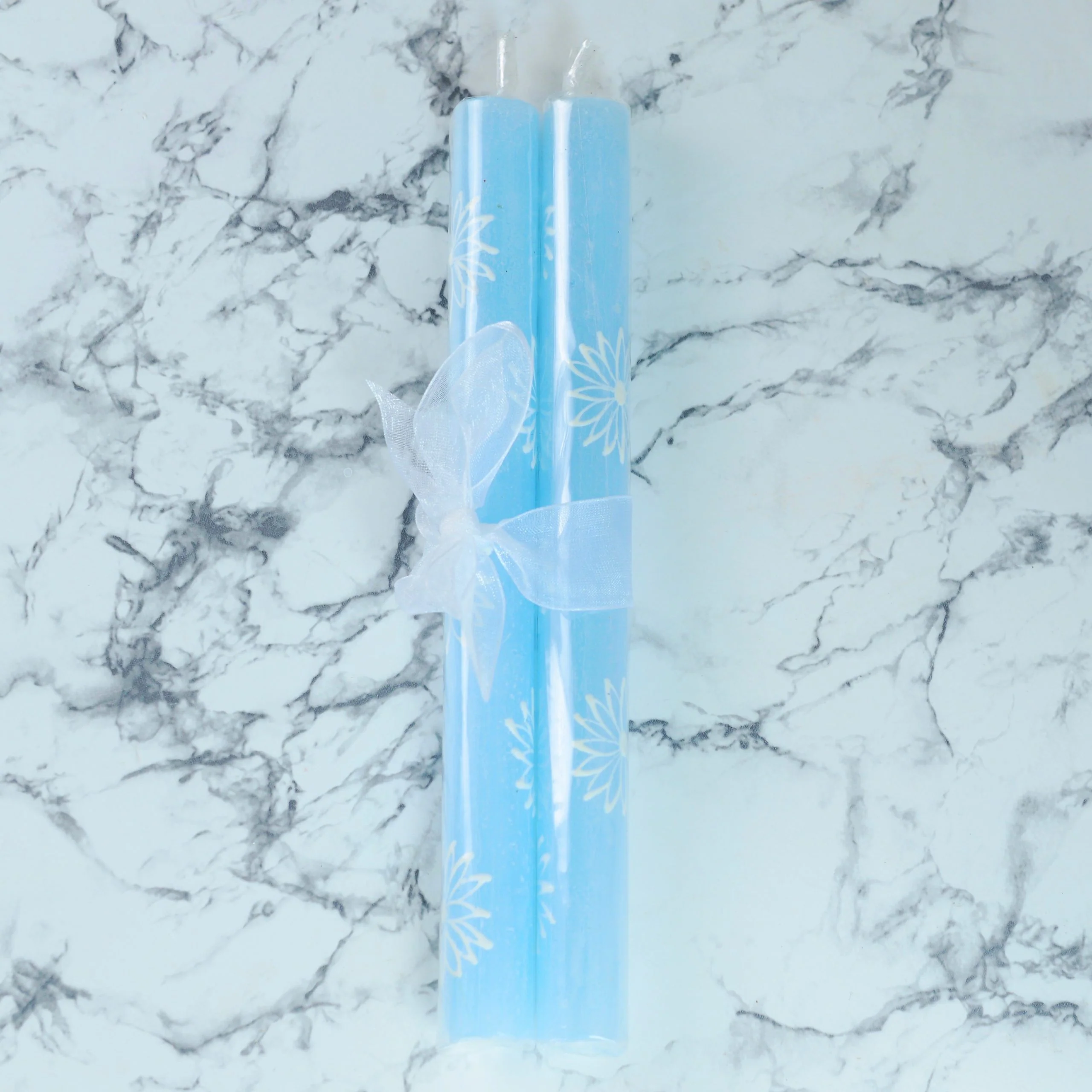 Turquoise Candles with White Daisies, Set of 2