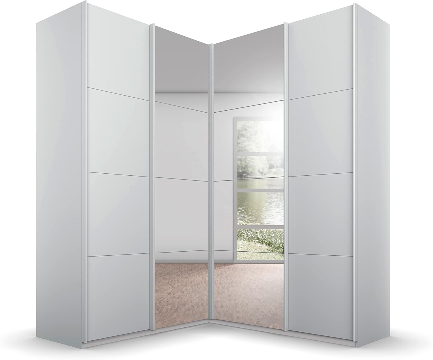 Rauch Möbel Quadra Schrank Eckschrank Schwebetürenschrank, Grau, 4-TRG. mit Spiegel, inkl. 2 Kleiderstangen, 12 Einlegeböden, 3 Schubkästen, BxHxT 181x229x187 cm