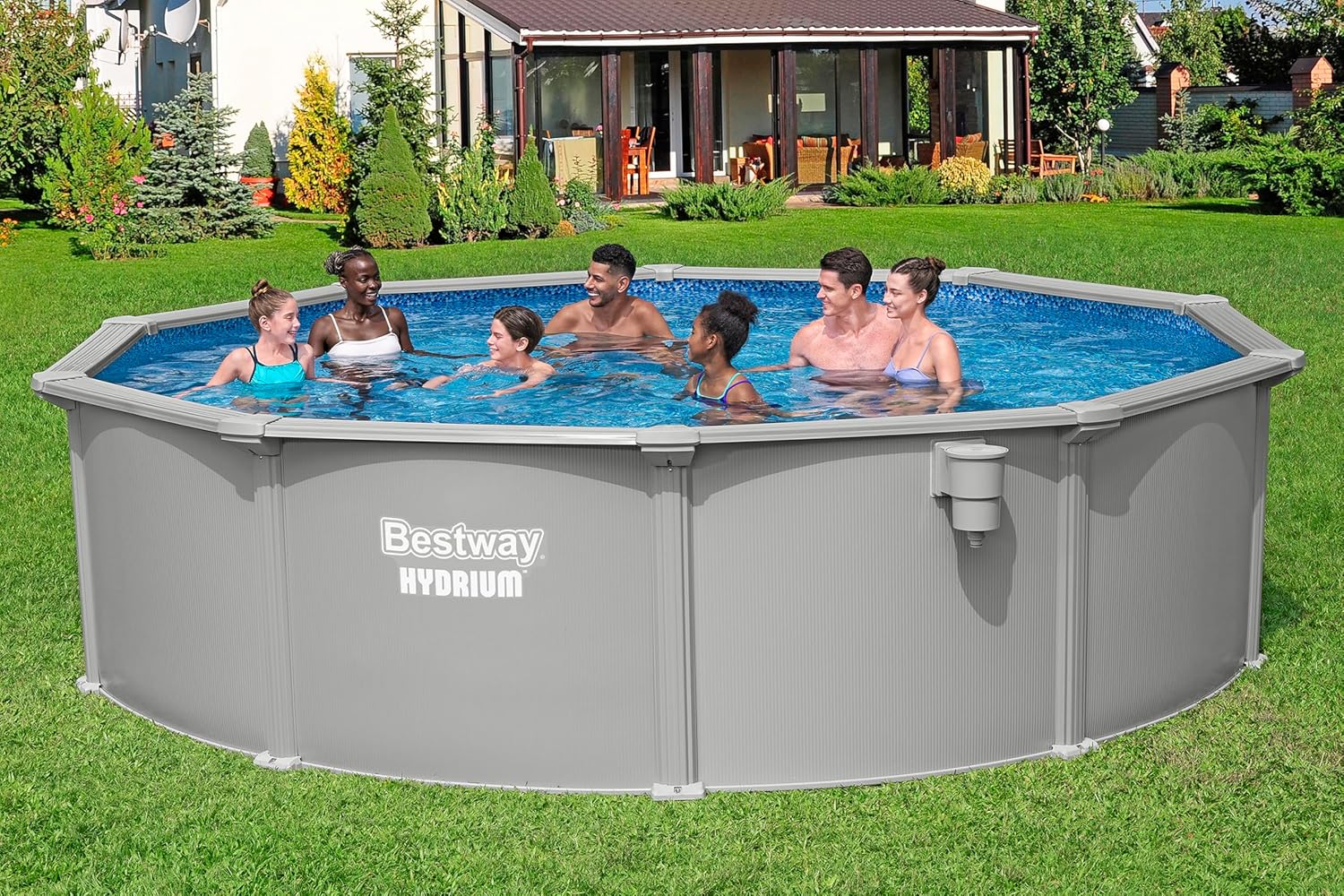 Bestway Hydrium Stahlwandpool Komplett-Set rund 457 x 122 cm Granitgrau Gartenpool Aufstellpool mit Sandfilteranlage