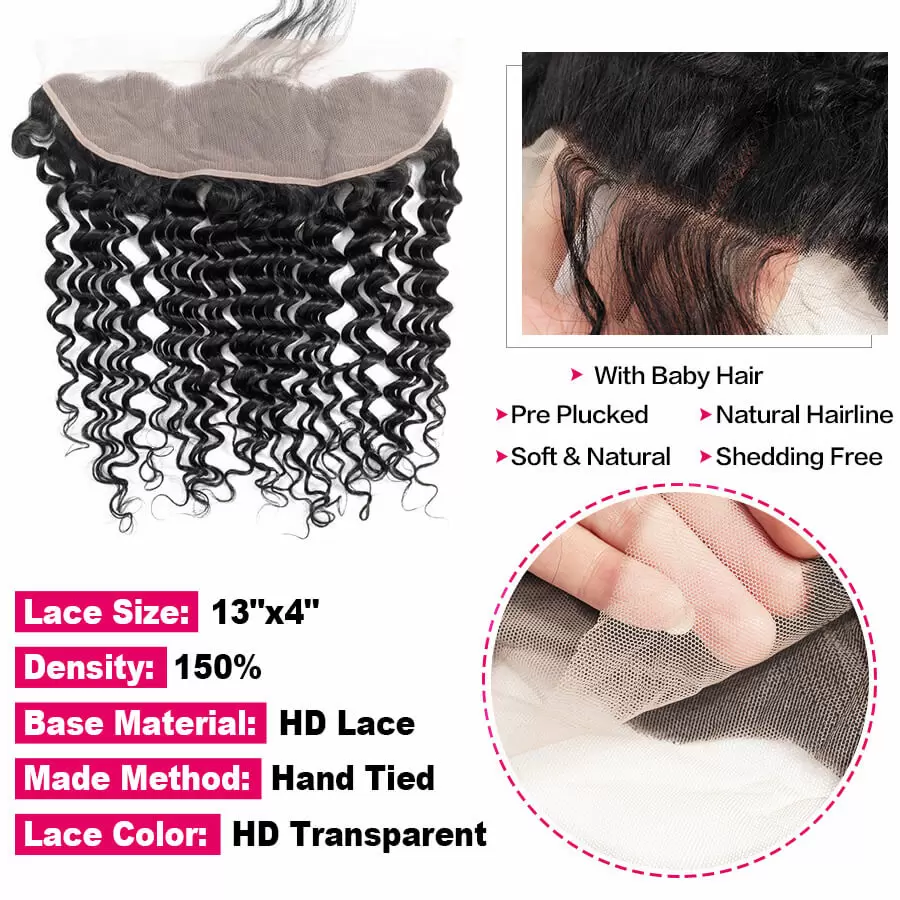 Peruvian Hair 13x4 HD Undetectable Lace Frontal Deep Wave 10-20 Inch 100% Virgin Human Hair