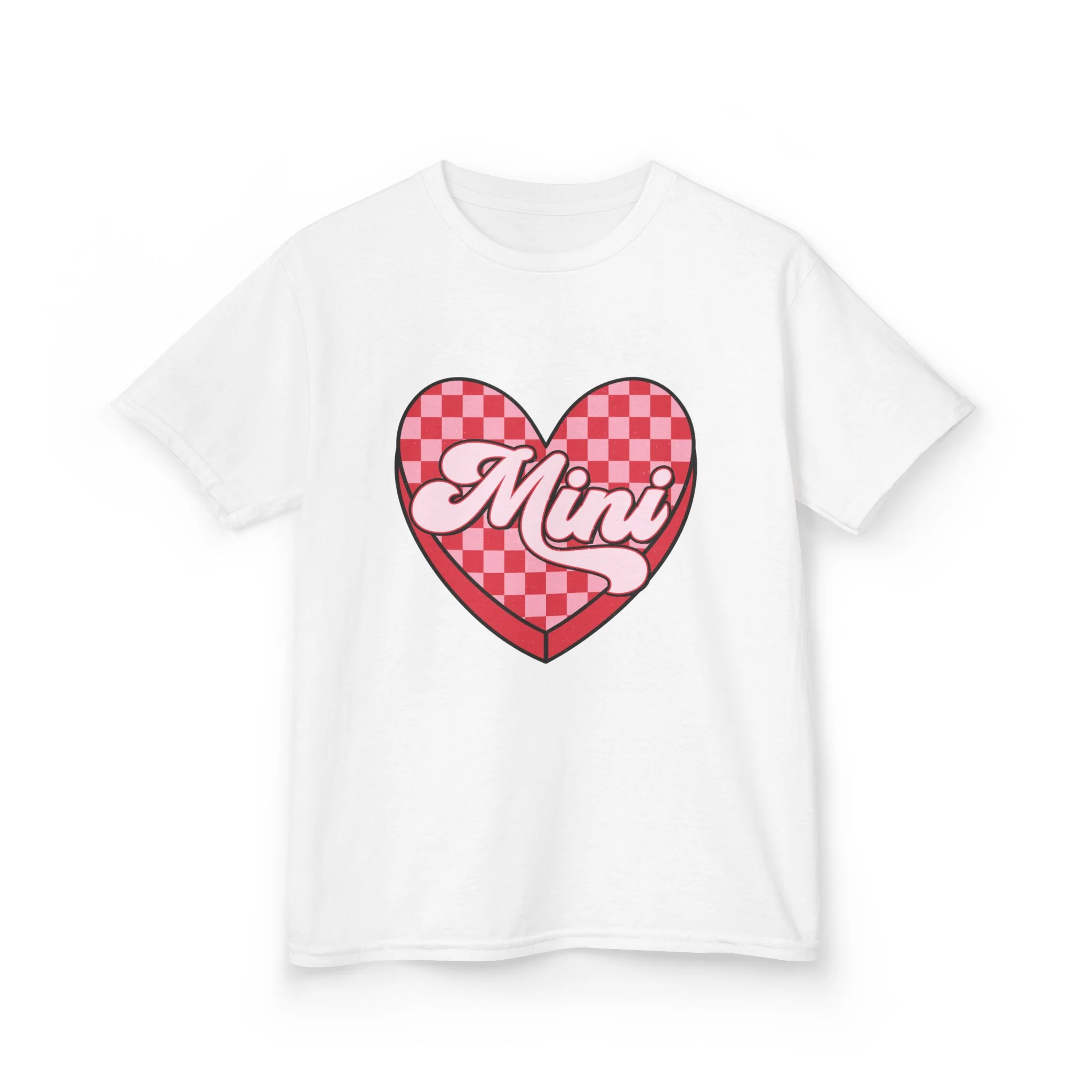 Mini Heart Checkerboard Kids Tee | Pink Retro Script
