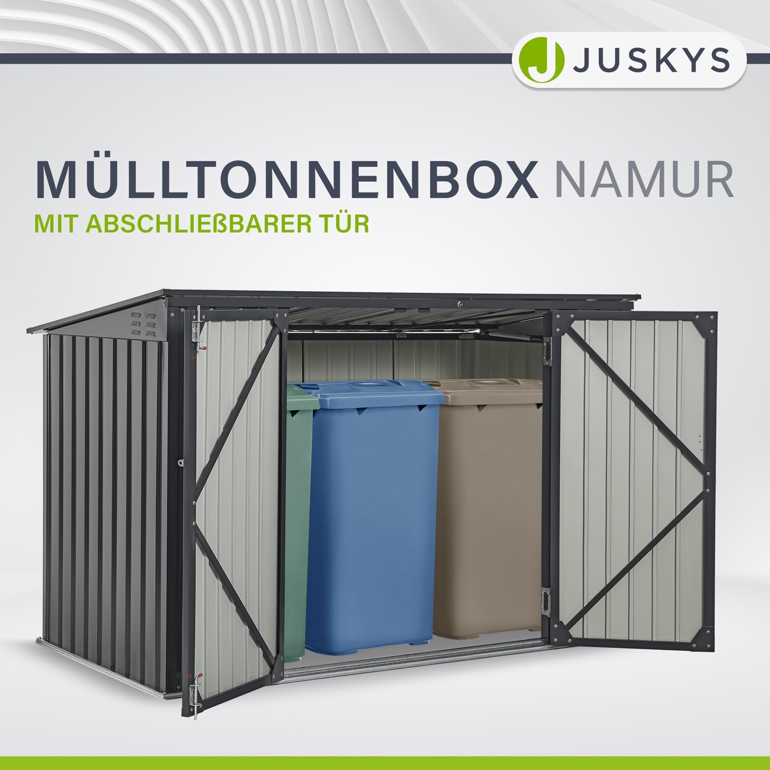 Juskys 3er Mülltonnenbox Namur 3 x 120 Liter Tonnen - 2m² - 2 Türen - Metall Mülltonnenverkleidung Müllbox Müllhaus Aufbewahrungsbox