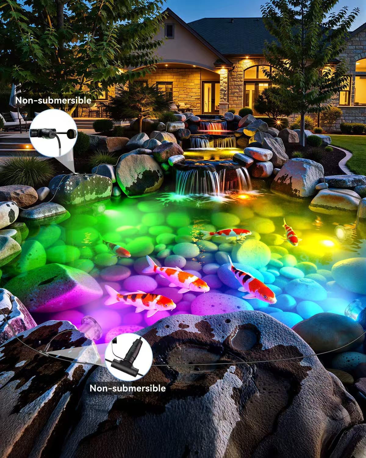 All-in-One Eclairage Bassin LED Acier Inoxydable SS316, RGB Lampe de Bassin Extensible avec Câble de 15,5M, Spot Bassin IP68 pour Bassin, Cascade, Ruisseau, Étang à Poissons, Fontaine, 4er-Pack