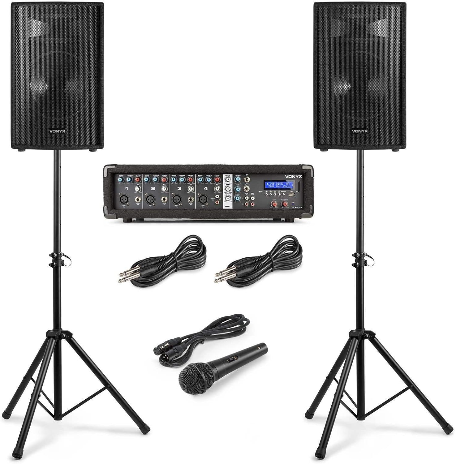 VONYX VX210 800 Watt Bluetooth Sound System with Adjustable Tripods, Amplified Mixer, 2 Speakers, Cables, Microphone, Ideal for Liven Up Your Evenings